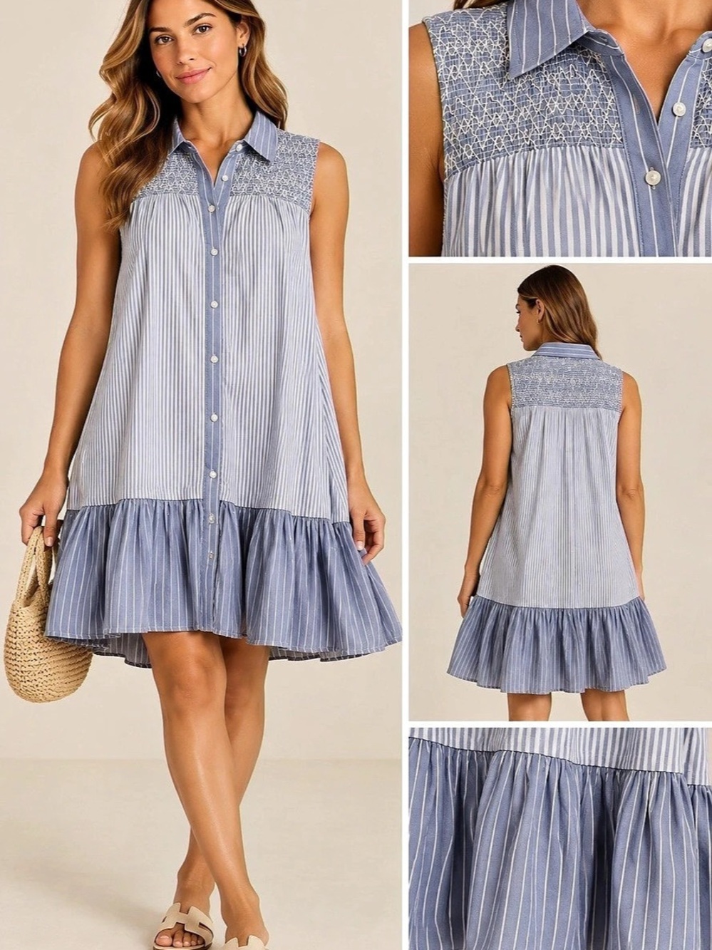 Lucky Brand Breezy Cotton Sleeveless Shirt Dress Blue & White